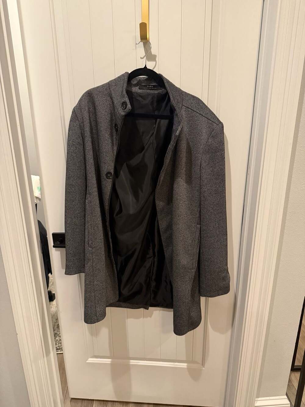 Zara Men Grey Herringbone Stand Collar Overcoat